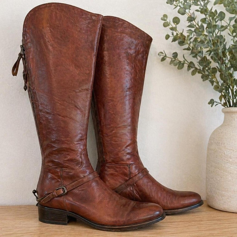 Johnston & Murphy Brown Leather Riding Boots Vero Cuoio Buckle Zip Womens 7.5